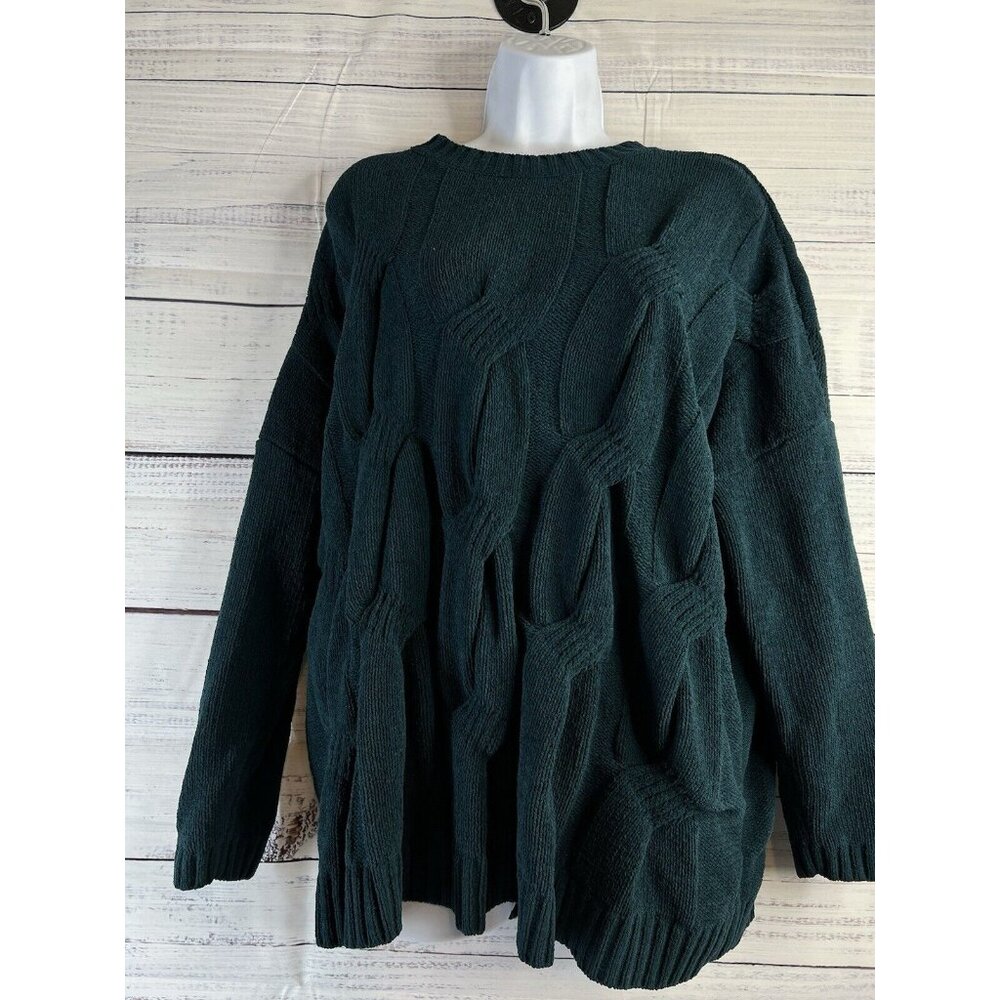 J.JILL $79 Solid Green Chenille Soft Cable Knit Pullover Sweater Top Size Large